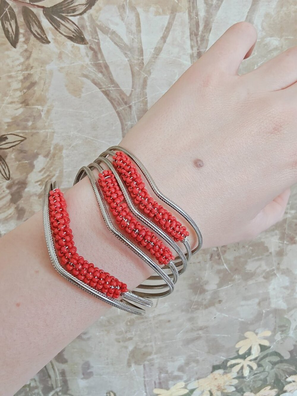 Vintage Red Seed Bead Silver Tone Multi Strand Cuff Bracelet